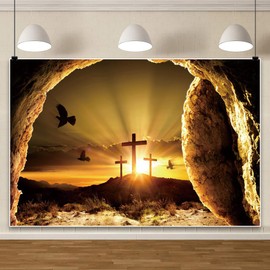 Canessioa Jesus Christ Cross Backdrop Resurrection of Jesus He is Risen Decorations Background Crucifixion Easter Party Background Sepulcher Cross Christian Belief Church Event Studio Props 10x8ft
