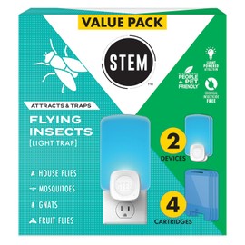 STEM Flying Insect Trap - Indoor Fruit Fly & Gnat Catcher for Home, Kitchen & Any Room, Attracts & Traps Bugs, Soft Blue UV Light - Includes 2 Plug-In Devices & 4 Cartridges