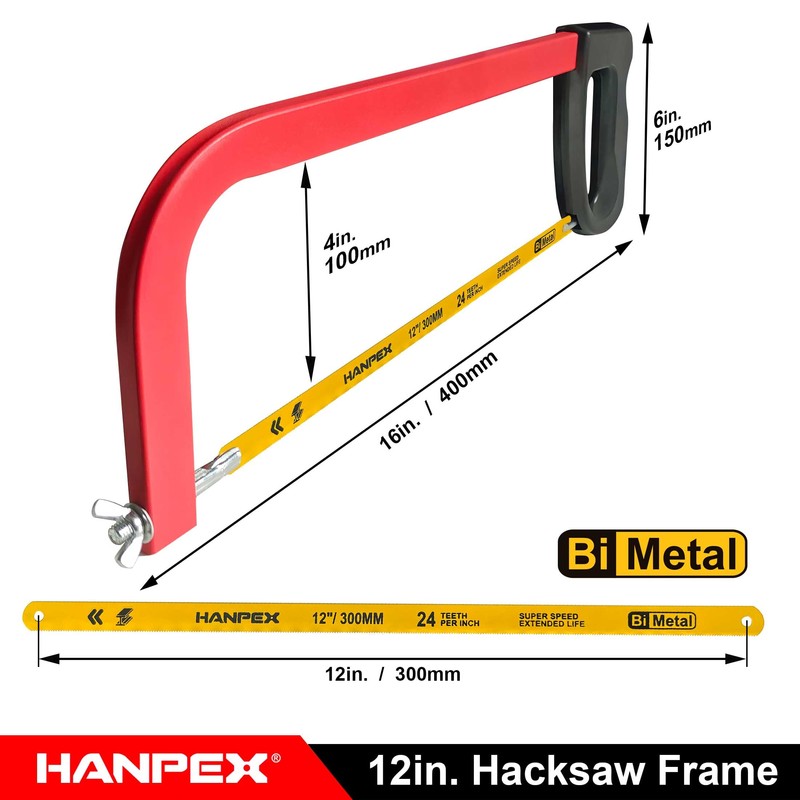 Hanpex 12in. High-Tension Hacksaw Frame with 24 TPI Bi-metal Blade,