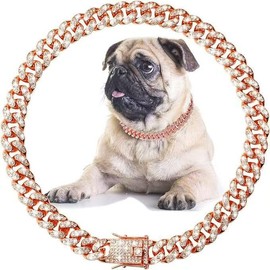 Rose Gold Crystal Cuban Link Dog Collar with Design Secure Buckle Metal Chain Pet Necklace for Small Medium Large Dogs Cats(Rose Glod 8inch)