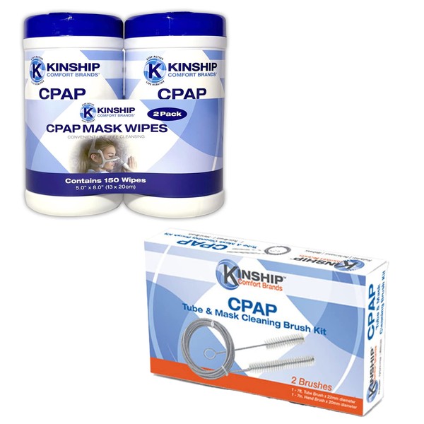 CPAP Mask Wipes (150 Count 2-75 Count Canisters) Unscented, Lint Free, Easy Opening top. CPAP Wipes for Mask, 1 CPAP Brush Kit with 2 Brushes-1-7 Foot Tube Brush & 1-7 inch Hand Brush