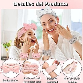 Juego TUMYES de 2 diademas y 4 muñequeras en vellón coralino rosa y blanco para spa y yoga