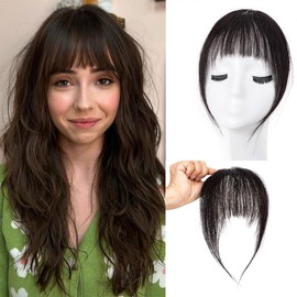 French Bangs Clip in Bangs 100% Real Human Hair Extensions for Women Fake Bangs Clip on Bangs Faux Bangs Clip in Hair extensions Fringe with Temples Hairpieces (Natural Black)