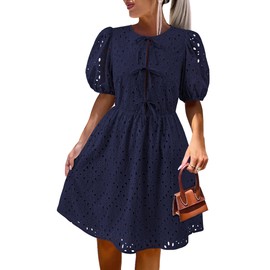 KIRUNDO Eyelet Summer Dresses for Women 2025 Short Sleeve Tie Front Babydoll A Line Wedding Guest Beach Vacation Sundress(Navy, Medium)