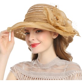 HilyBony Wide Brim Lace Fascinator Kentucky Derby Hat for Womens Tea Party Fascinators Cap Church Wedding Cap with Flower Khaki