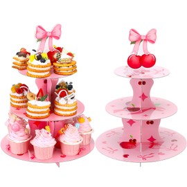 Yaomiao 2 Pcs Pink Bow Cherry Cupcake Stand 3-Tier She's The Cherry Theme Cupcake Stand Holder Coquette Pink Bow Birthday Decorations for Dessert Display Birthday Baby Shower Wedding Bridal Shower