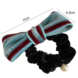 Wenlly fashionable velvet color blocked bow hair tie, high elasticity pearl ponytail holder, hair accessories for women girls, 1 pieces, green