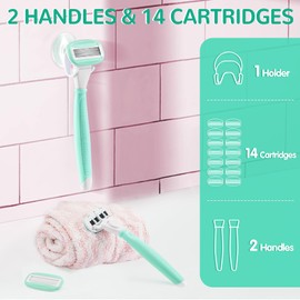 Razors for Women Include 2 Non-Slip Handles and 14 Razor Refills, 5 Premium Blades Women's Razors for Shaving with a Shower Holder, Disposable Razor with 360° Lubrication Reduces Irritation, Green