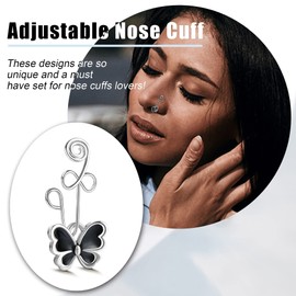 ZZHDCC 12pcs Multi-Style Adjustable Fake Nose Rings for Women Fake Nose Cuffs for Non Pierced Nose Heart Flower Butterfly Moon Star Clip on Fake Nose Ring Piercing (Silver-Butterfly-12pcs)