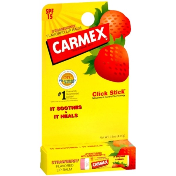 Carmex Click-Stick Moisturizing Lip Balm SPF 15 Strawberry 0.15 oz (Pack of 4)