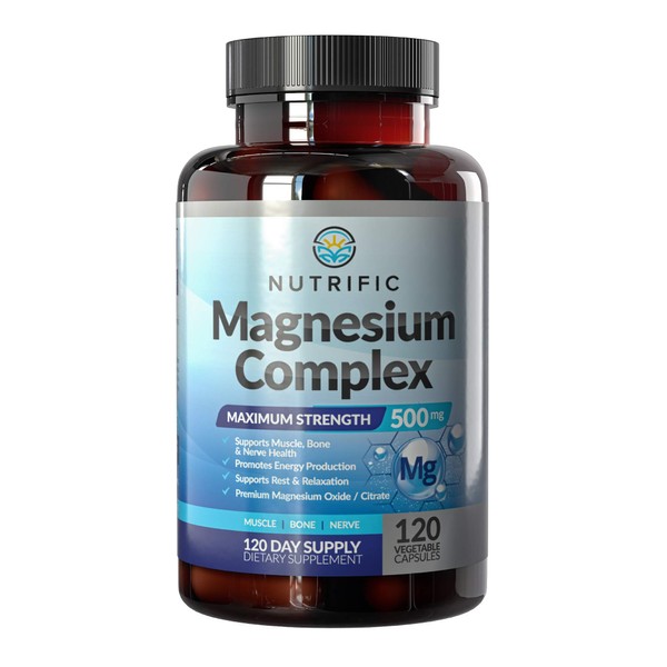 NUTRIFIC Magnesium 500mg - Chelated Magnesium Citrate & Oxide Complex for Healthy Bones, Muscle, Nerves, Energy & Relaxation - Potent, High Absorption Magnesio - Gluten Free - 120 Vegan Capsules