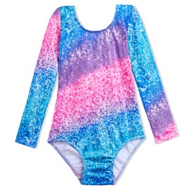 Domusgo Girls Gymnastics Leotards Size 4t 5t Long Sleeve Shiny Gradient Stripe Dance Tumbling Bodysuits