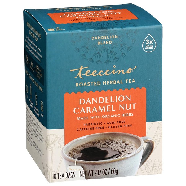 Teeccino Dandelion Tea – Caramel Nut - Roasted Herbal Tea | Organic Dandelion Root | Prebiotic | Caffeine Free | Gluten Free | Acid Free, Coffee Alternative, 10 Tea Bags