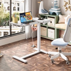 EKNKOZY Standing Desk, Medical Overbed Table with Rolling Tray and Power Outlet, Dual Pneumatic Angle and Height Adjustable Desk, Portable Side Table with Drawer, Home & Hospital Use, White