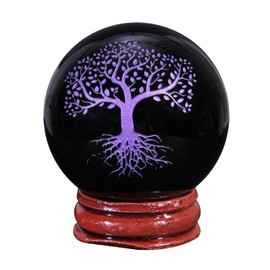 mookaitedecor Engraved Tree of Life Symbol Black Obsidian Crystal Ball Sphere Ornament with Wooden Stand, Healing Crystal Stone Wiccan Witchcraft Gifts Reiki Spiritual Room Desk Decor(Purple)