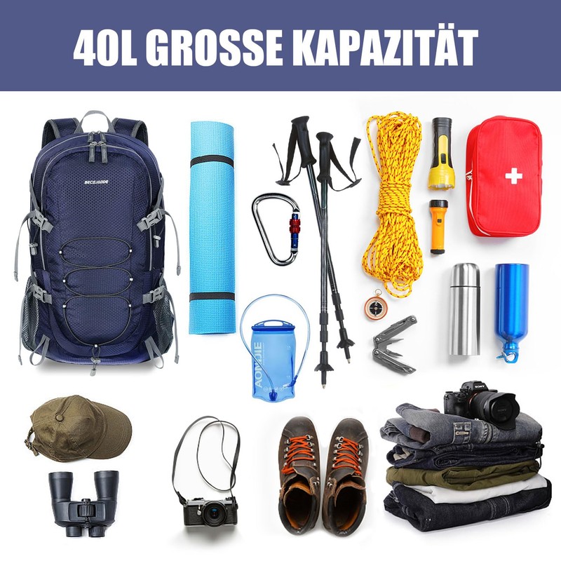 BECOJADDE Hiking Backpack Men Women 40L Ultralight Foldable Backpack Waterproof