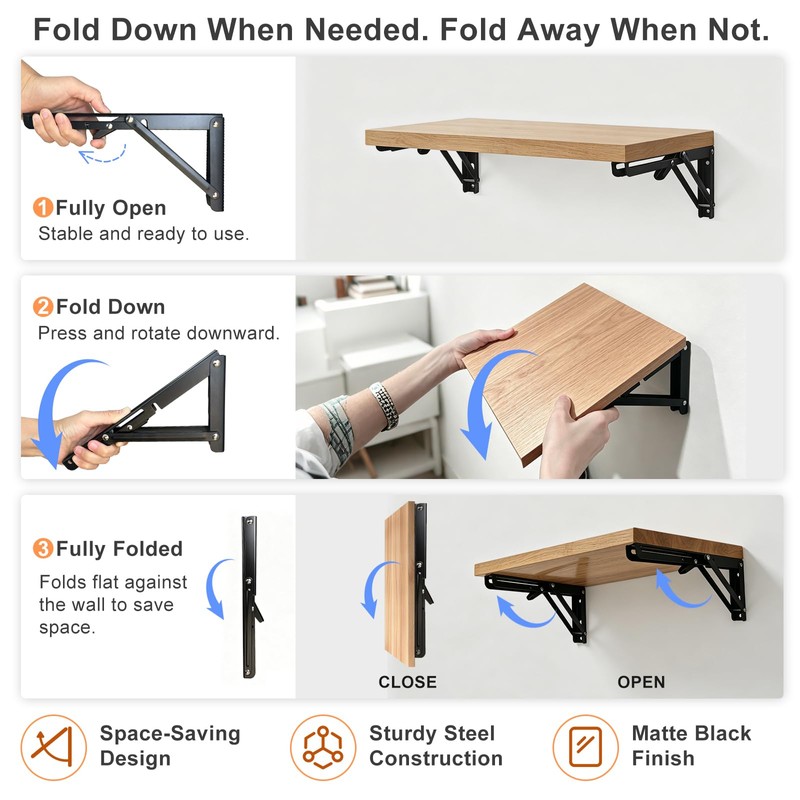 10 Inch Folding Shelf Brackets, Heavy Duty Wall Mounted Collapsible