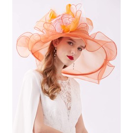 RZTA Women's Kentucky Derby Church Dress Hat Wide Brim Leaf Flower Bridal Shower Hat C1 Orange