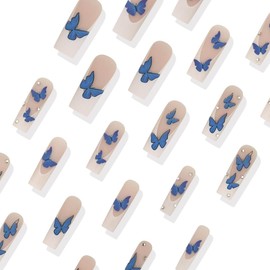 White Press on Nails Long coffin Nails Press French Tip Butterfly Rhinestone Designs Fake Nails Reusable Acrylic Full Cover Gel False Nails Gift for Women 24pcs