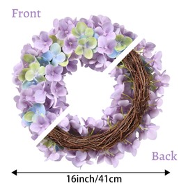 16 Inch Hydrangea Wreath, Spring Wreath 2Color Hydrangea Wreath Spring Wreath for Front Door Indoor Wreath SArtificial Handmade Wreath with Green Leaves for Door Window Wall Decor