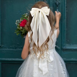ATODEN Silky Satin Hair Bows Pink Beige 2Pcs Big Hair Bows Hair Ribbons Oversized Long Tail Bow Hair Clips Large Hair Ribbon Barrettes Metal Clips Bowknot Aesthetic Hair Accessories for Women Girls