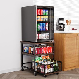 SpaceAid 3 Tier Mini Fridge Stand with Storage and Wheels, Heavy Duty 19.7x19.7in Mobile Refrigerator Shelf Stand Table, Fridge Cart Organizer with Drawer Basket for Home Dorm Office (Brown Wood)