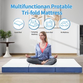Folding Mattress Single,4 inch Memory Foam Tri Portable Trifold Mattress Topper Single with Breathable & Washable Cover, Foldable Guest Bed for Camping
