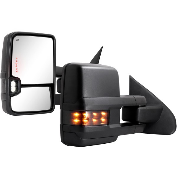 Towing Mirrors Compatible with 2014 2015 2016 2017 2018 Chevy Silverado GMC Sierra 1500 2500 HD 3500 HD with Power Glass LED Arrow Turn Signal Backup Lamp Running Light Heated Extendable Pair Set
