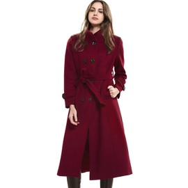 Escalier Women's Double-Breasted Trench Coat Wool Jacket with Belt Wine 2XL