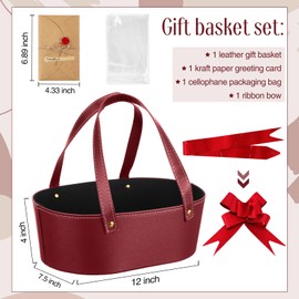 Wonderjune Leather Empty Gift Basket with Gift Bags Ribbons Greeting Cards Large Small Empty Basket Bag with Handle for Christmas Gift Birthday Snack Storage Decorative(Red,Small)