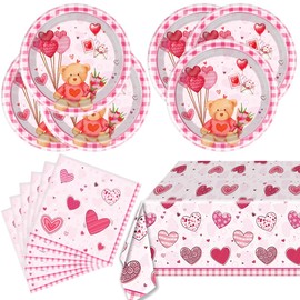 Valentine's Day Tableware Set, 24 Plates and 24 Napkins and Tablecloth86 '' x 51 '', Pink Valentine's Day Heart Party Decorate Supplies