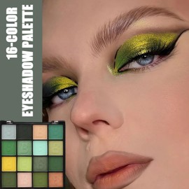 16-Color Green Eyeshadow Palette - Matte & Glitter Shades, Bright Blendable Pigments, Easy to Build Dramatic Glamour Looks
