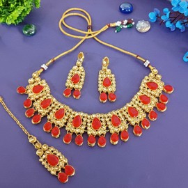 Efulgenz Indian Jewelry Kundan CrystalRed Choker Necklace Earrings Maang Tikka Head Chain Bollywood Wedding Bridal Set