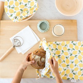 Esembly Sourdough Proofing Kit, Bread Storage Bag, Bread Proof Bowl Cover and Starter Cover - Reusable, Made with 100% TPU Washable Material and Organic Cotton Lined- 3-Piece Set - Lemons