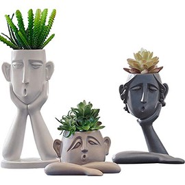 Kelendle 3 Pack Indoor Outdoor Heads Planter Resin Succulent Planter Vase Abstract Statue Planter Urn Home Garden Decor Face Sculpture Office Decoration
