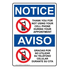ComplianceSigns.com Notice No Cell Phone During Appointment English + Spanish OSHA Safety Label Decal with Symbol, 5x3.5 in. 4-Pack Vinyl