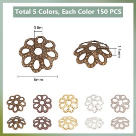 PH PandaHall Pack of 750 Bead Caps 6 mm Brass End Caps 5 Colours Flower Bead Caps Spacer Beads for Jewellery Making Crafts Bracelets Necklaces