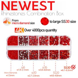 4010pcs Red Rhinestones Nail Gems Siam Red Round Flatback Stones 6 Sizes(1.6-6.1mm) to SS30 K9 Glass Non-Hotfix Ruby Red Nail Crystals Jewels Nail Art Nail Charms for Nails Eyes Face Makeup Crafts DIY