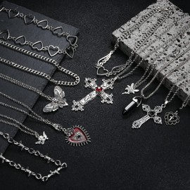 FIASASO 12Pcs Grunge Goth Necklace Set for Women Teen Cool Y2k Grunge Jewelry Gothic Cross Evil Eye Butterfly Crystal Angel Heart Wing Chain Choker Necklace Y2k Accessories, Stainless Steel, Cubic