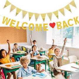 Welcome Back Garland Banner + Triangle Flag Banner Gold Welcome Back for Classroom Decoration School Season Banner Welcome Back Decoration, School Decoration, Family Activities Banner Decoration