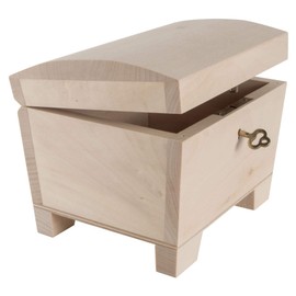 Small Wooden Storage Treasure Chest with Key Lock & Curved Lid | 15 x 11 x 9.5 cm | Trinket Keepsake Gift Decorative Lockable Box | Unpainted & Untreated Plain Lindenwood