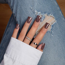 KQueenest Duck Press on Nails Mittel – Sheer Dunkelbraun Nägel zum Aufkleben Lange, Einfarbig Eckig Fake Nails mit Kleber, Kaffee Künstliche Nägel Set für Frauen, 24 Stück