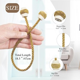 Hangtty Curtain Tiebacks Magnetic Rope Tie Backs Handmade Curtains Holders for Drapes Outdoor Decorative Window Holdbacks, Gold 2Pack