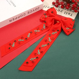 Christmas Hair Bows for Women Christmas Bow Tree Hair Bow Clips Jeweled Big Red Green Hair Bows Long Tail Satin Holiday Hair Ribbons Christmas Accessories Costume Outfits Gifts