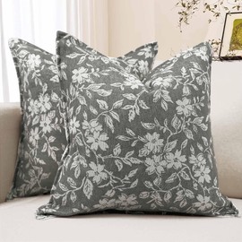 Pack of 2 Linen Throw Pillow Covers Grey Jacquard Floral Pillow Covers 18x18 Inch Decorative Pillowcover for Couch Bedroom Living Room Home Decor