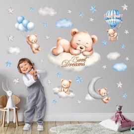 DECOWALL SG2-2407 Sweet Dream Bear Wall Stickers Decals Baby Room Décor Nursery Boy Wallpaper Decorations Home Blue Moon Stars Teddy Peel and Stick Bedroom Playroom Sleeping Cloud
