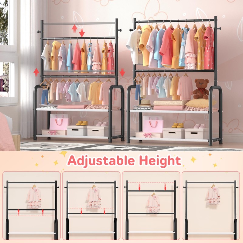 ZHKINGGS Kids Clothing Rack with 2-Layer Storage Shelf and 2