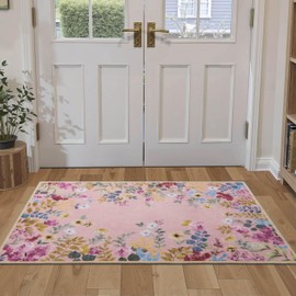 Comeet Flora Washable Rugs Non-Slip Soft Living Room Area Rug, Boho Soft Small Non Slip for Bedroom Rug, Indoor Stain Resistant Throw for Kids Girls entryway Bathroom Rug Pink