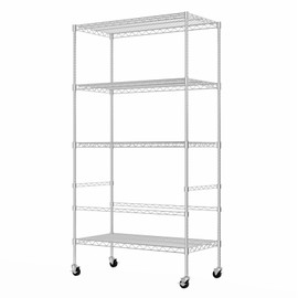 5 Tier Heavy Duty Steel Metal Shelves Unit Wire Shelf Rack With Adjustable Feet and Wheels, Used As Pantry Shelves, Garage or Kitchen Shelving, Deep Storage Shelves for Garage,Kitchen,Pantry