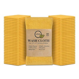 Softolle 100% Cotton Ring Spun Wash Cloths – Bulk Pack of Washcloths – 12x12 Inches – Wash Cloth for Face, Highly Absorbent, Soft and Face Towels (Yellow, 60 Pack)